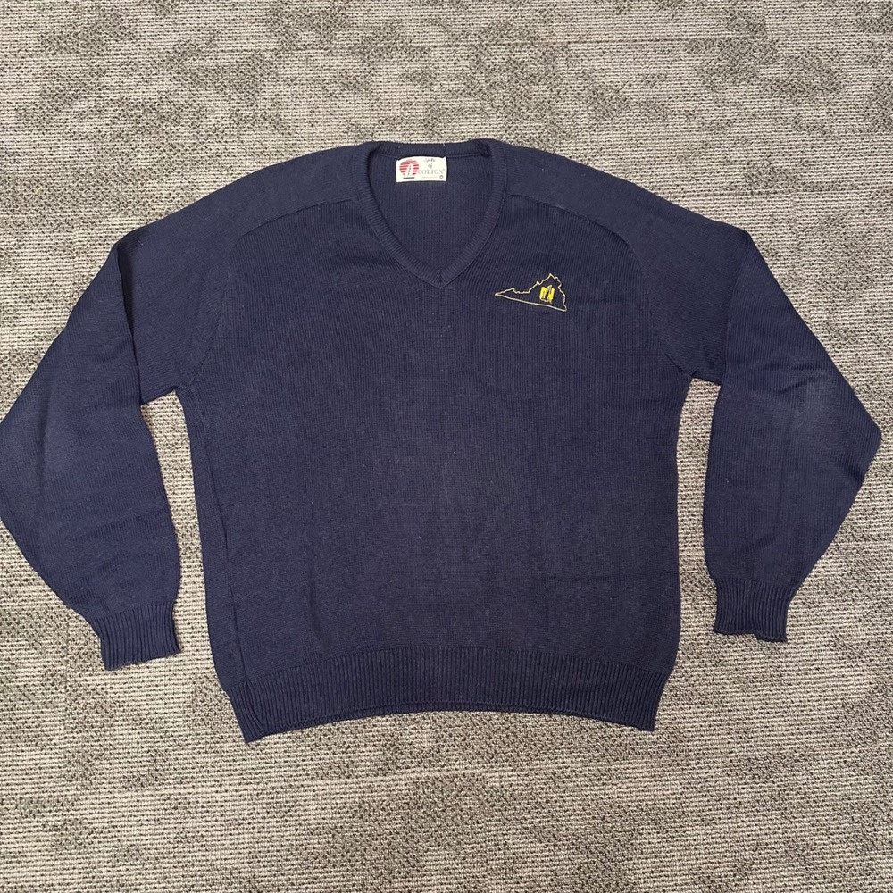 Vintage Isle of Cotton Navy Blue V-Neck Virginia State Sweater Mens XL Made USA
